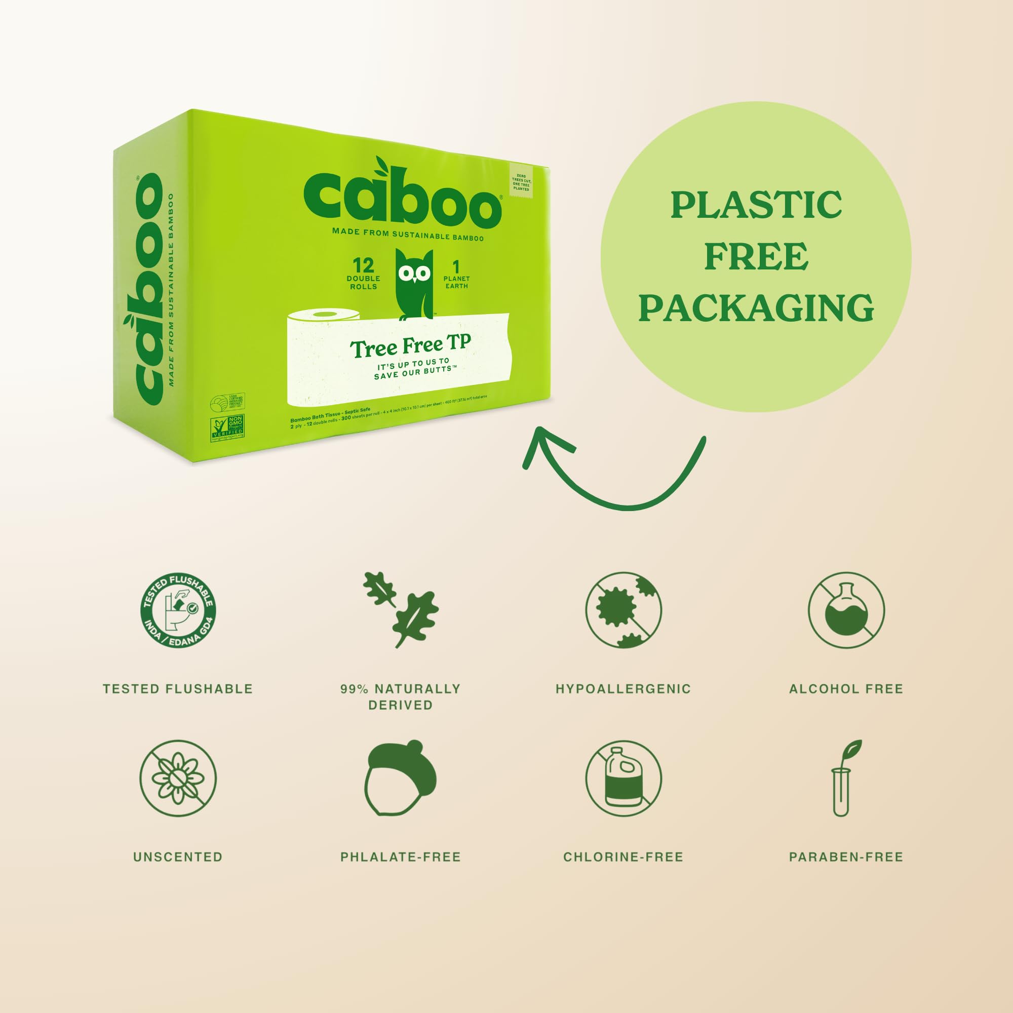 Caboo Tree Free Toilet Paper, Septic Safe Toilet Tissue, Plastic Free, Non Toxic, Chemical Free, 2 Ply Bathroom Toilet Paper | Pack of 12 Double