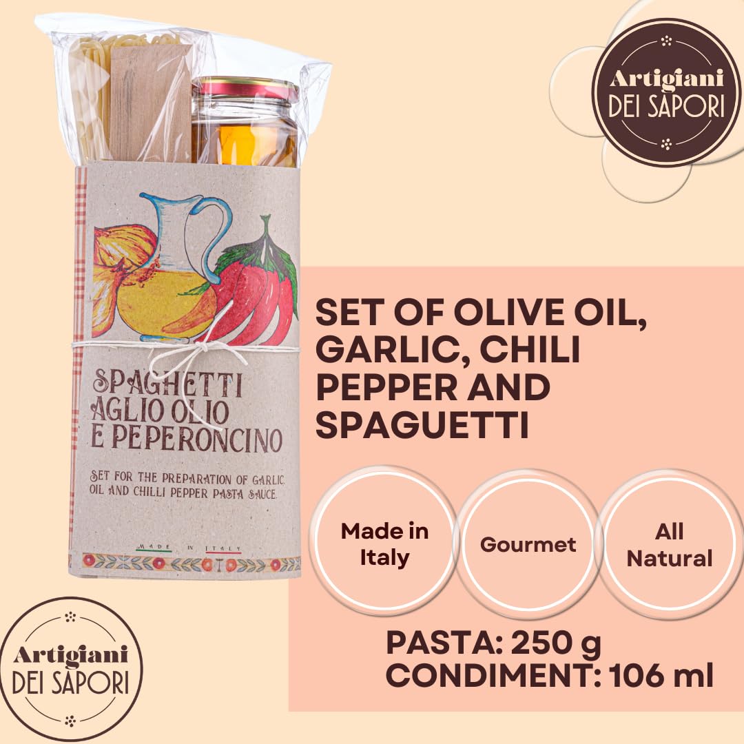 Artigiani dei Sapori Spaghetti Pasta Gift Set with Garlic, Oil & Chili Pepper Sauce, Authentic Italian Gourmet Gift, 15.5 oz