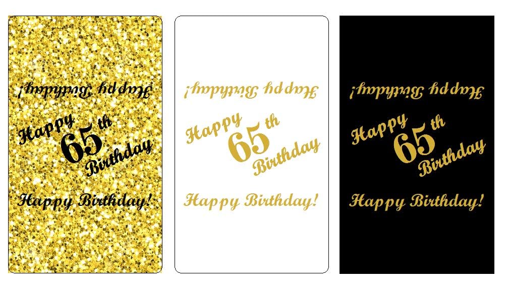 RokAPary 65th Birthday Miniatures Candy Bar Wrapper, (Set of 60) Mini Candy Bar Stickers; 3 Designs: 24 Gold, 24 Black, 12 White, Candy Not Included