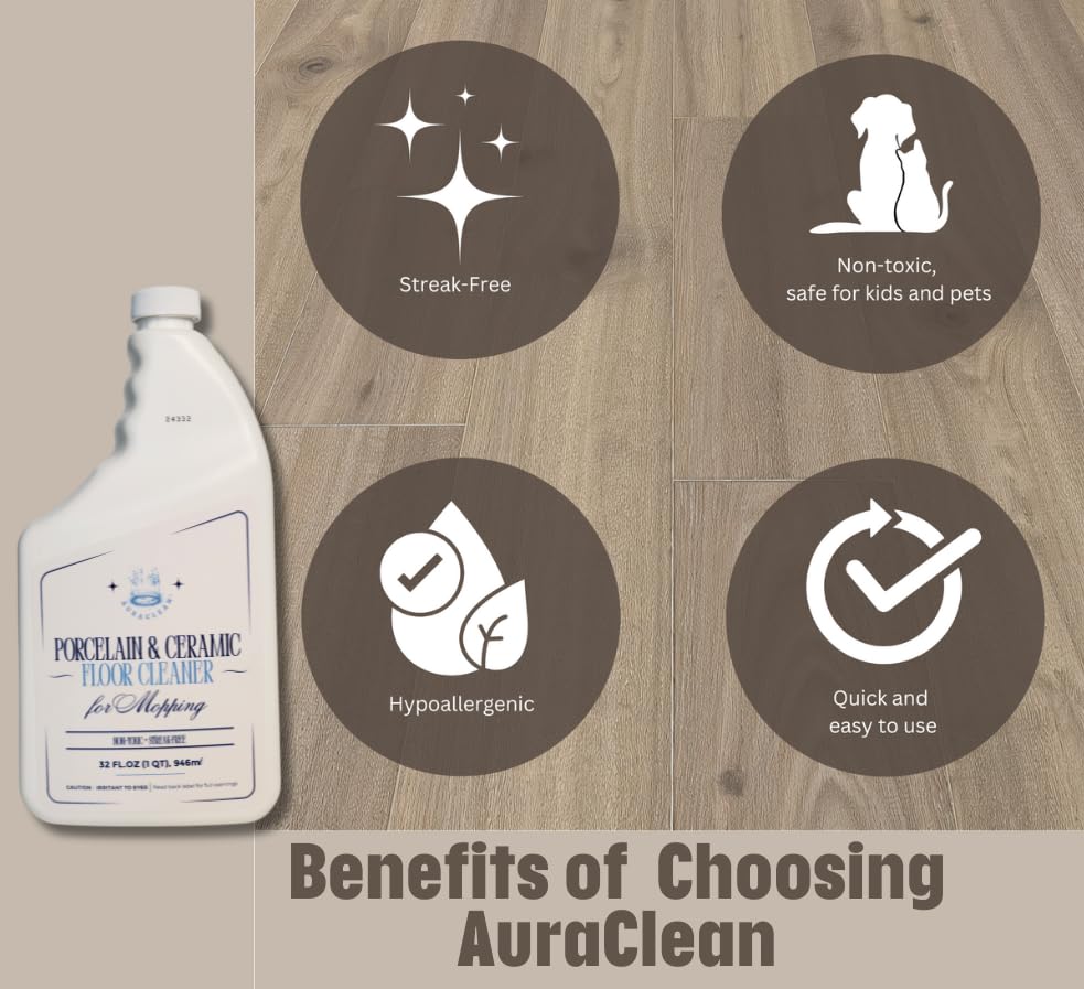 AuraClean Porcelain & Ceramic Tile Floor Cleaner - Mop Soap Concentrate for mopping - Streak-Free Clean, Ph Neutral and non-Toxic - Safe for Marble