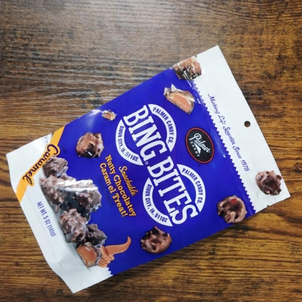 Palmer Candy Company Caramel Bing Bites: Snackable, Nutty, Chocolatey, Caramel Treat Made in Sioux City, IA - Resealable 5 oz Bag