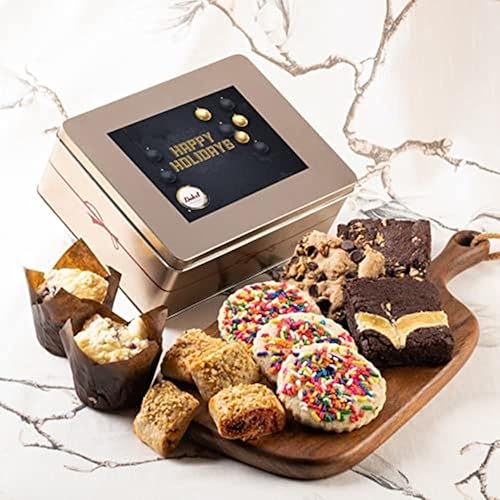 Dulcet Gift Baskets, Fresh Baked Holiday Bakery Cookie and Brownie Gift Tin Happy Holiday Tin for Men and Women, Mom, Dad -Friends Family