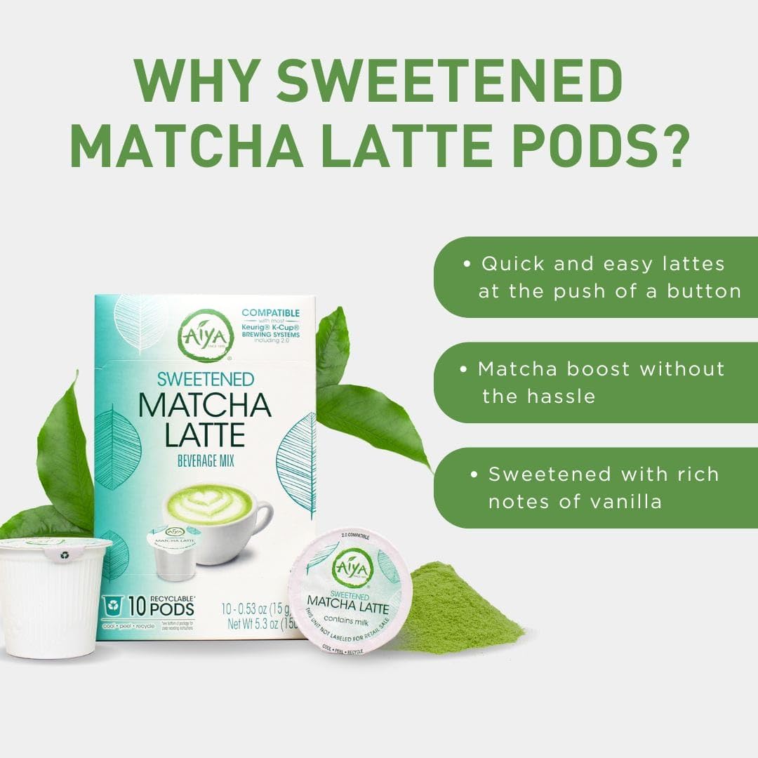 Aiya Creamy Matcha Latte Pods - Authentic Matcha with Rich Notes of Vanilla, Convenient Single-Serve Pods (10 Count, Sweetened)