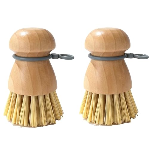 TELUNSHI 2 Pack Wooden Dish Brush, Compact Palm Dish Scrubber with Soft Rubber Hanging Ring, PBT Bristles Kitchen Scrub Tool for Dishes, Pots, Pans