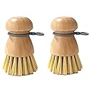 TELUNSHI 2 Pack Wooden Dish Brush, Compact Palm Dish Scrubber with Soft Rubber Hanging Ring, PBT Bristles Kitchen Scrub Tool for Dishes, Pots, Pans