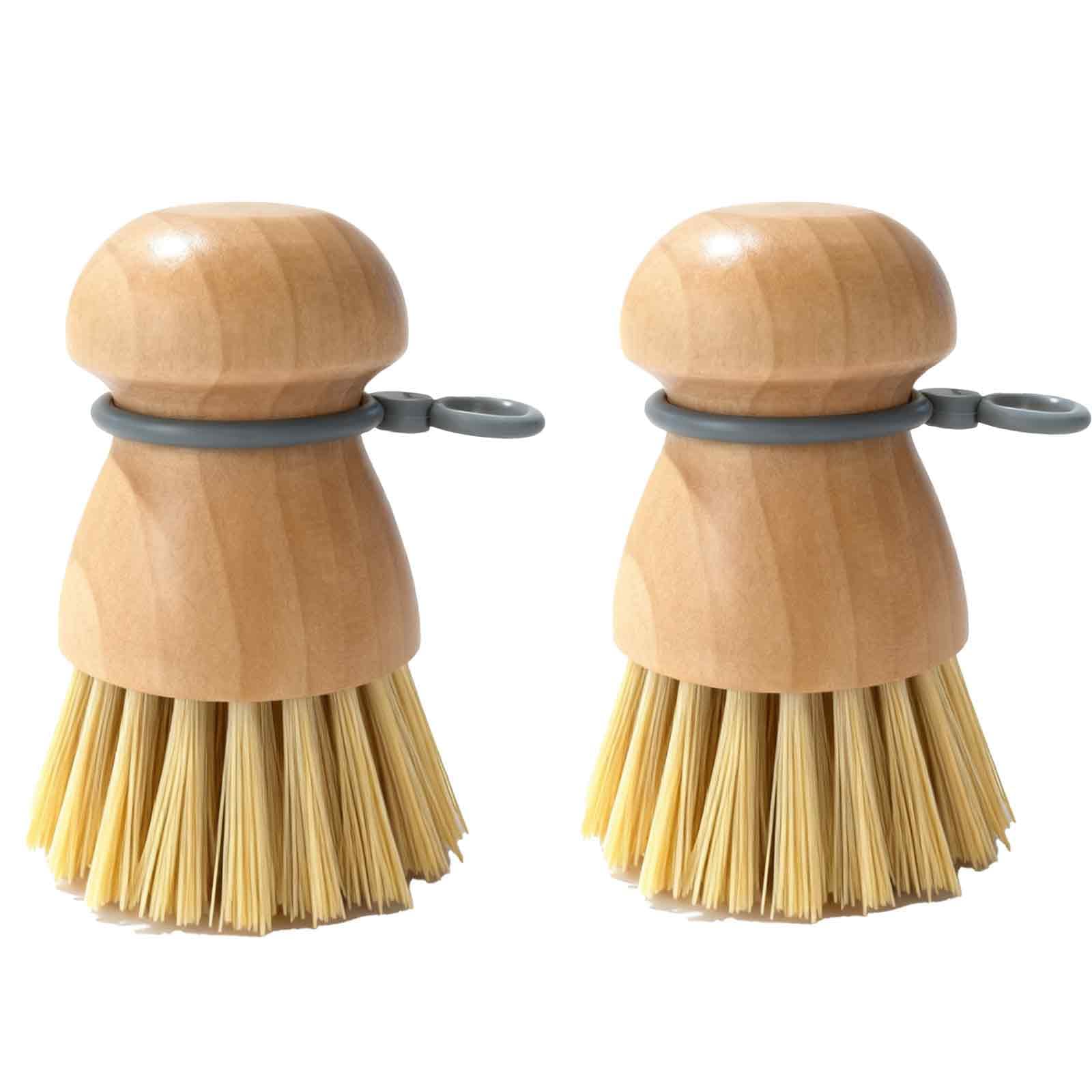 TELUNSHI 2 Pack Wooden Dish Brush, Compact Palm Dish Scrubber with Soft Rubber Hanging Ring, PBT Bristles Kitchen Scrub Tool for Dishes, Pots, Pans