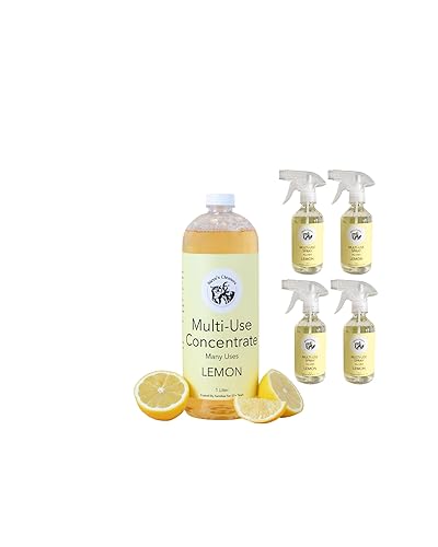 Steve's Cleaners, Everyday Multi-Use Cleaner Concentrate, Fresh Lemon Essential Oil, 100 Refills - Recucing Plastic, 1 Liter Bottle with 4 Empty 10 oz