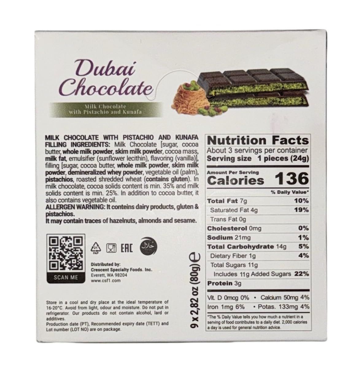 Feritio Dubai Chocolate Bar (2.8 OZ / 80 Grams - Chocolate/Kunafa/Pistachio)