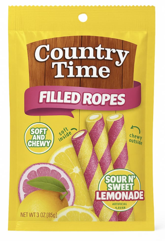 Country Time Candy Filled Ropes Sour N' Sweet Lemonade Gummy Candy Sticks, Soft & Chewy Twist Candy 3 oz. - 2 Pack by Macco