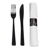 Party Essentials Party Supplies Wrapped Silverware Set Disposable, Pre Rolled Napkin and Cutlery, Forks/Knives Black, 50 Units