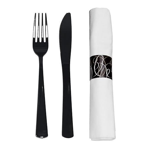 Party Essentials Party Supplies Wrapped Silverware Set Disposable, Pre Rolled Napkin and Cutlery, Forks/Knives Black, 50 Units