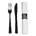 Party Essentials Party Supplies Wrapped Silverware Set Disposable, Pre Rolled Napkin and Cutlery, Forks/Knives Black, 50 Units