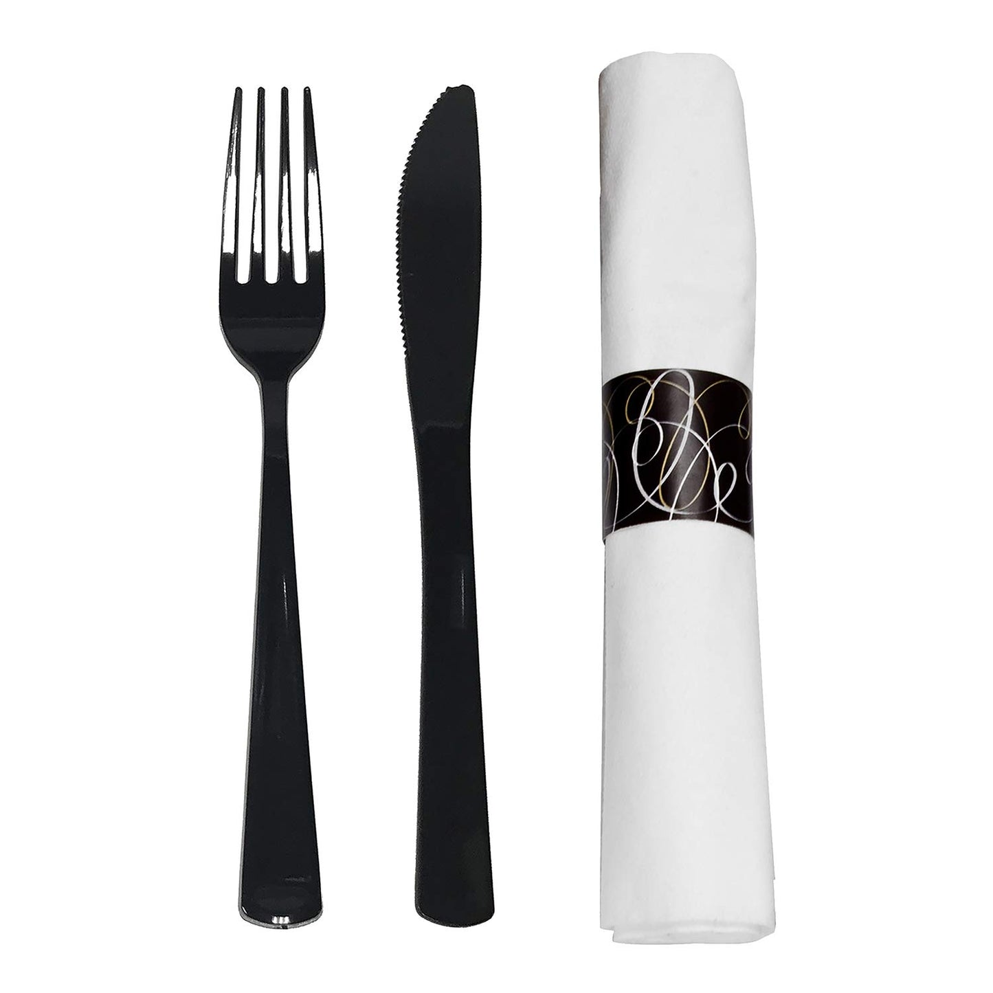 Party Essentials Party Supplies Wrapped Silverware Set Disposable, Pre Rolled Napkin and Cutlery, Forks/Knives Black, 50 Units