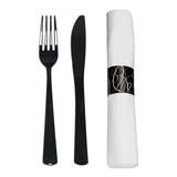 Party Essentials Party Supplies Wrapped Silverware Set Disposable, Pre Rolled Napkin and Cutlery, Forks/Knives Black, 50 Units