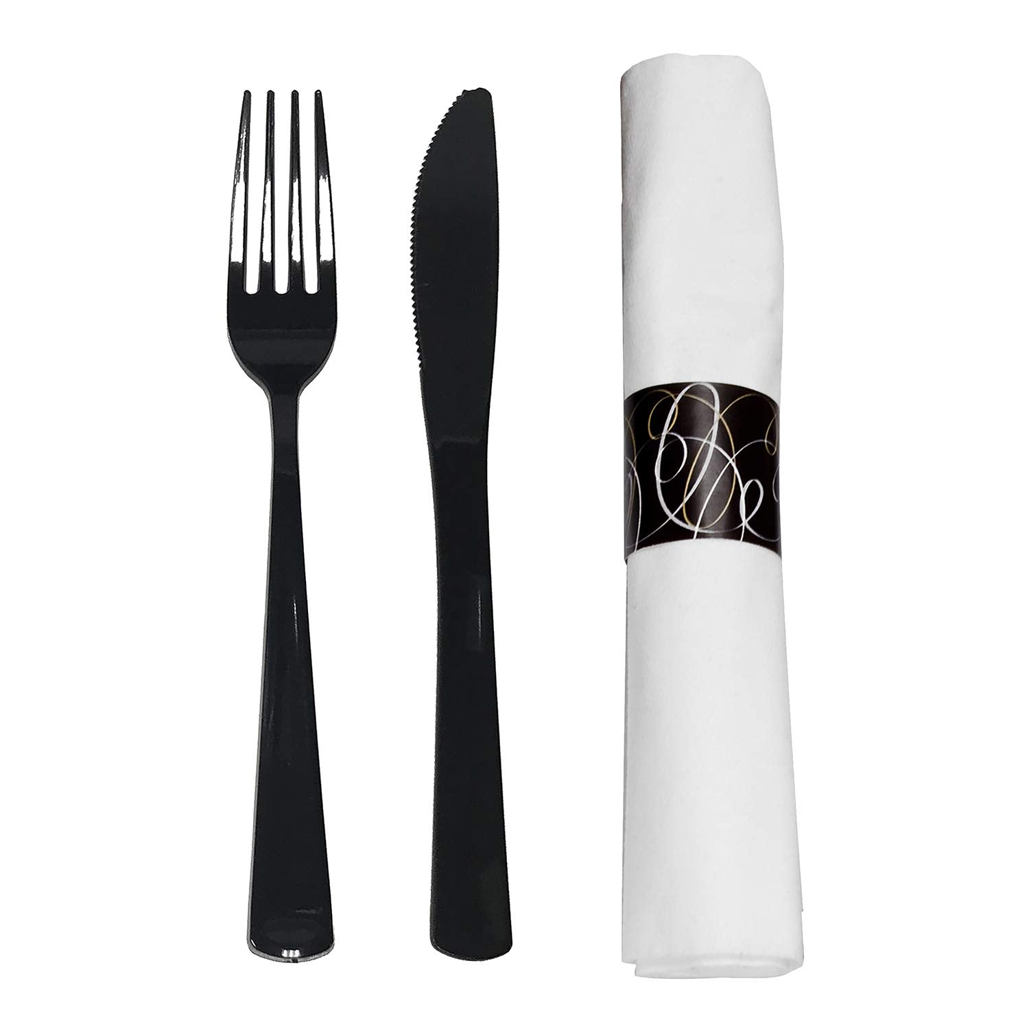 Party Essentials Party Supplies Wrapped Silverware Set Disposable, Pre Rolled Napkin and Cutlery, Forks/Knives Black, 50 Units