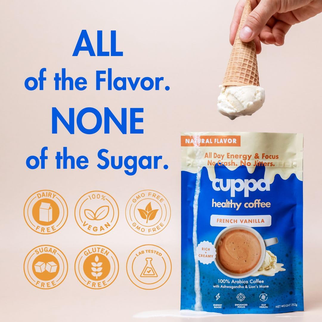 Cuppa French Vanilla Coffee - Great tasting medium roast with mushrooms, adaptogens & superfoods - Lion's Mane, Ashwagandha, Cordyceps, MCT, Prebiotic
