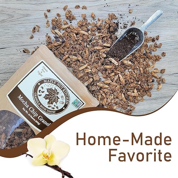Maple Nut Kitchen Mocha Chip Granola 3 Pack - Vegan, Certified Gluten-Free Oats, Low Sugar - Dark Chocolate, Almonds, Coconut, Coffee - Crunchy