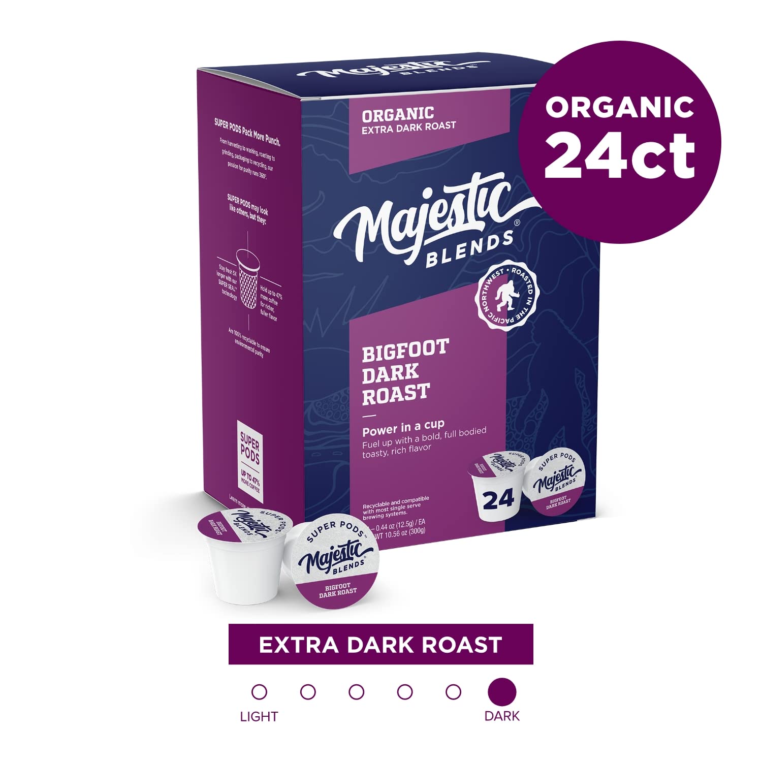 Majestic Blends Organic Coffee, Bigfoot Dark Roast SUPER PODS, Single-Serve Coffee Pods, 24 count