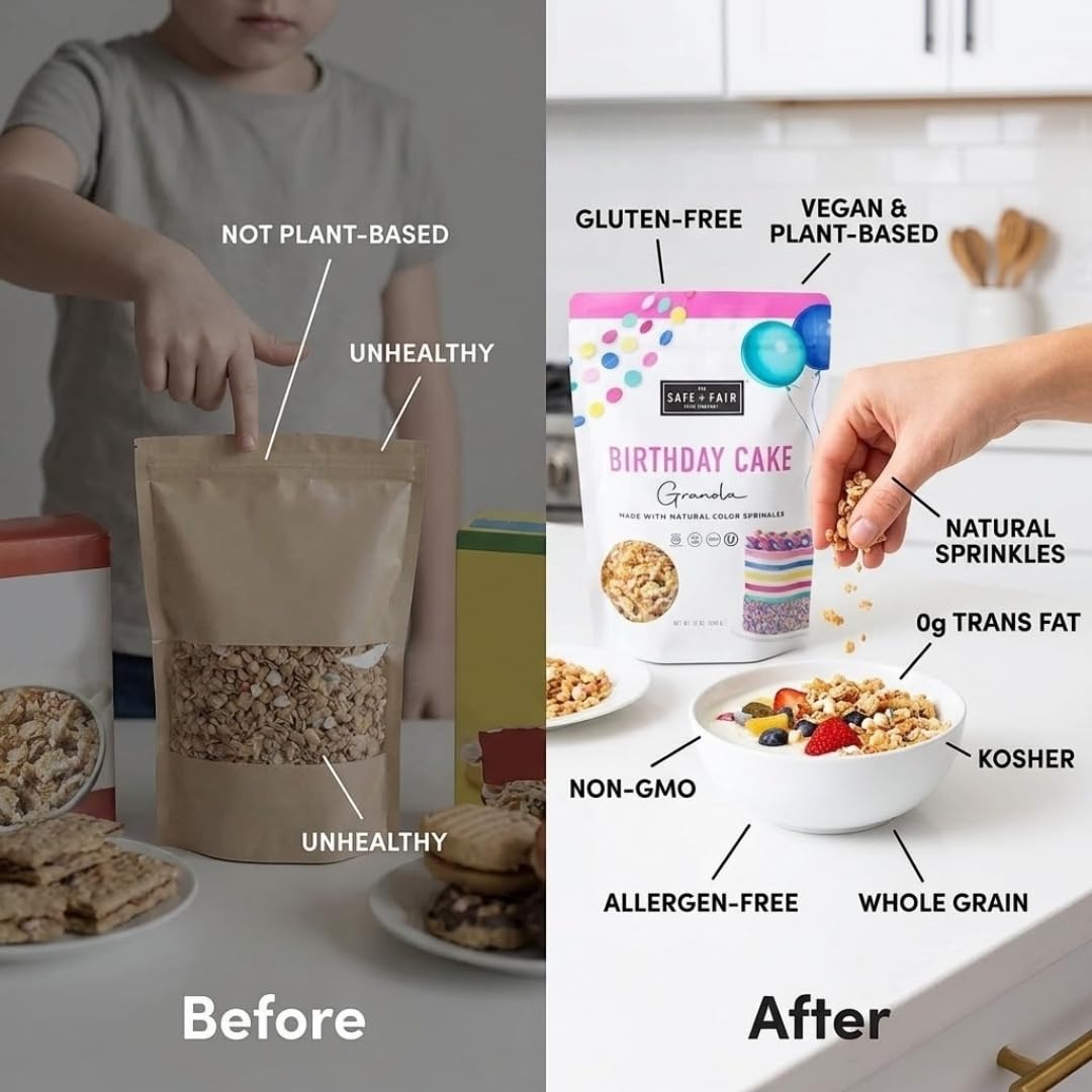 Safe And Fair Food Company Granola Birthday Cake 12 oz - Granola Mix - Organic Cereal - Kind Granola-Cereal Alternative - Pack of 6