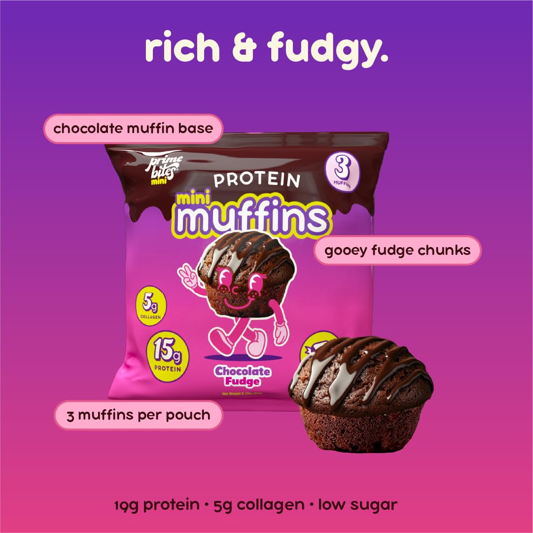 Prime Bites Minis - High Protein Muffin (12 Per Box, Chocolate Fudge) - 15g of Protein, 5g of Collagen, Gluten Free, Low Sugar Treat, Delicious