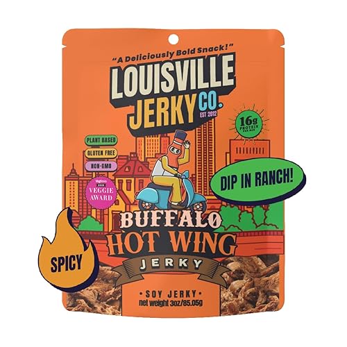 Louisville Vegan Jerky - Buffalo Hot Wing Vegan and Vegetarian Meat - Lip-Smacking Jerky - Gluten-Free High Protein Vegan Snacks 18 grams of Non-GMO