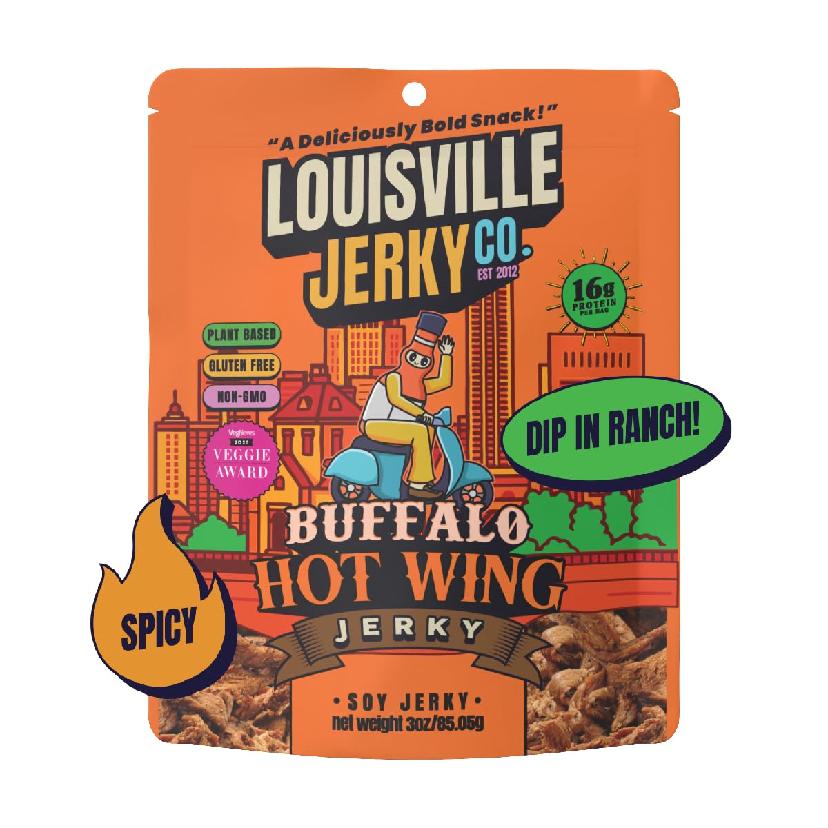 Louisville Vegan Jerky - Buffalo Hot Wing Vegan and Vegetarian Meat - Lip-Smacking Jerky - Gluten-Free High Protein Vegan Snacks 18 grams of Non-GMO
