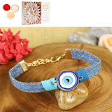 Ghasitaram Gifts Jaiccha Rakhi for Brother Rakhis Online - PRK25-005-Handmade Demin Band Evil Eye Bracelet Premium Rakhi with 200 gms of Kaju katli