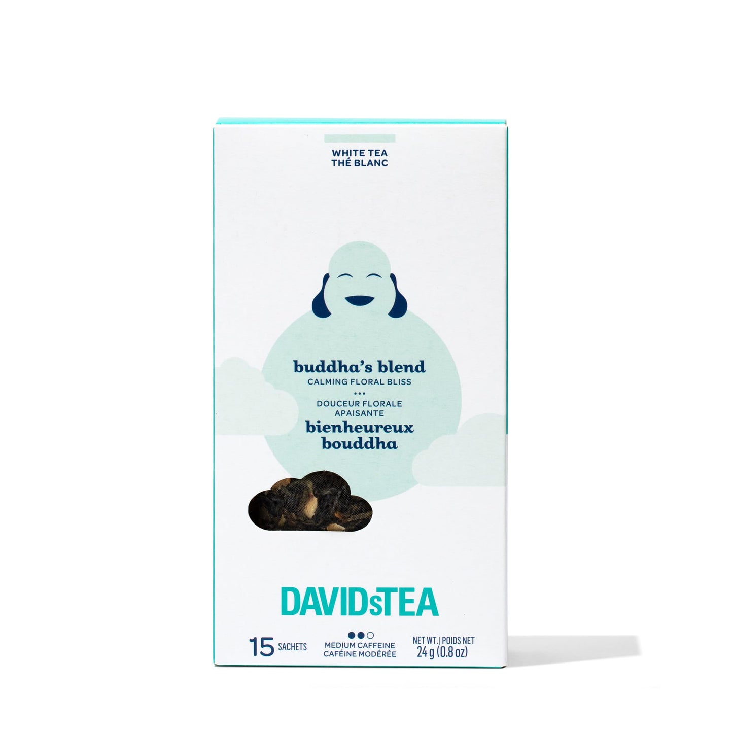 DAVIDsTEA Buddha’s Blend White Tea - Medium Caffeine Tea Bags with Jasmine Pearls & White Hibiscus - 15 Count - Delicate & Floral Fruity Tea Blend
