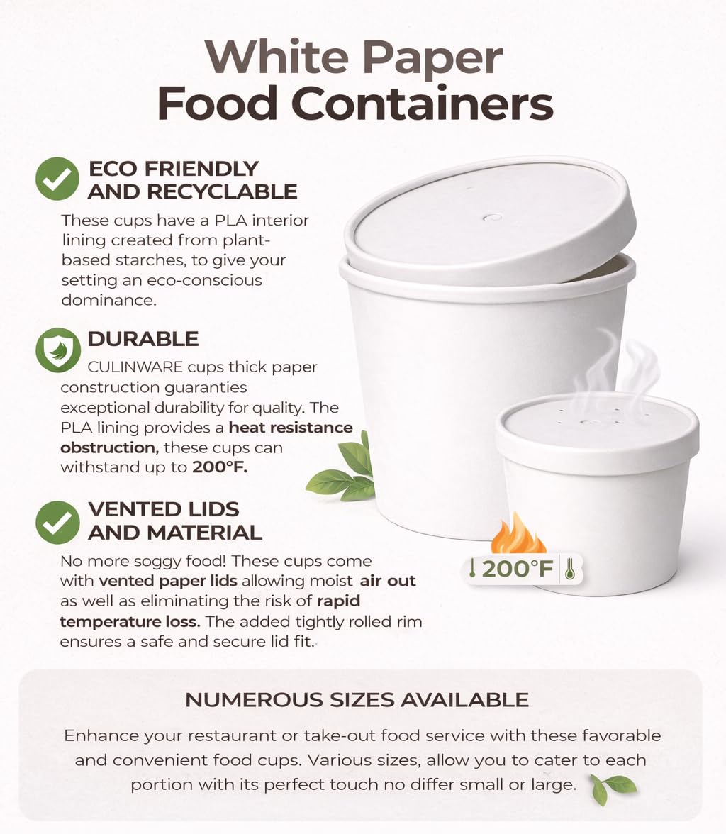 Eco Friendly Recyclable Kraft Soup Bowls | White Disposable Food Cups with Lids | Containers - Soup Cups Great for Restaurants, Take-Outs, Or