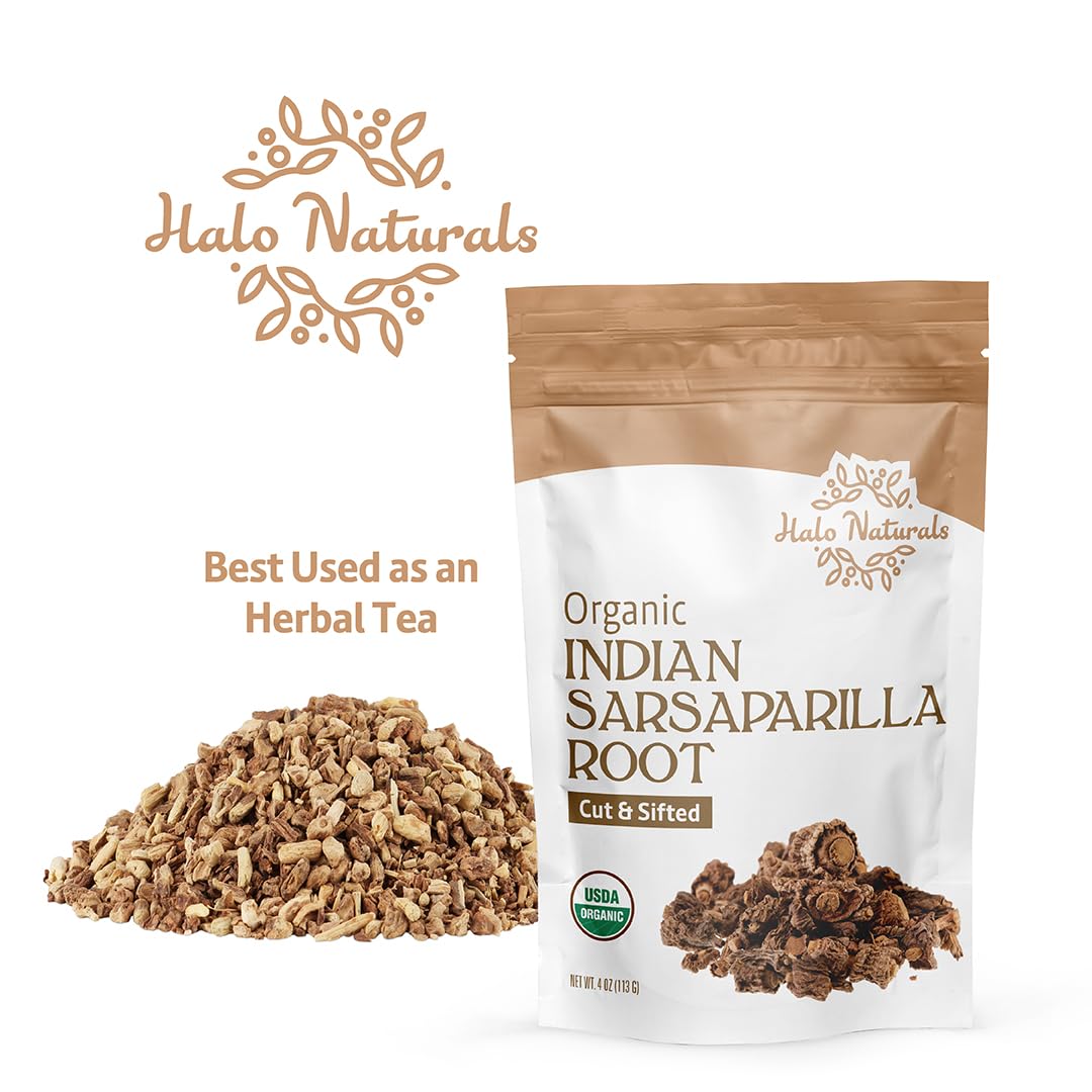 Halo Naturals Organic Sarsaparilla Root Cut & Sifted (Indian), 4 Ounces (Hemidesmus indicus) USDA Certified | Resealable Pouch| Packaged in The USA
