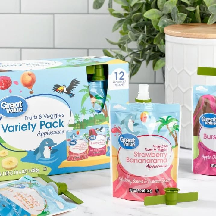 Great Value Fruits & Veggies Variety Pack Applesauce Pouches, 3.2 oz, 24 Count, Palm Peach, Bursting Berry & Strawberry Bananarama