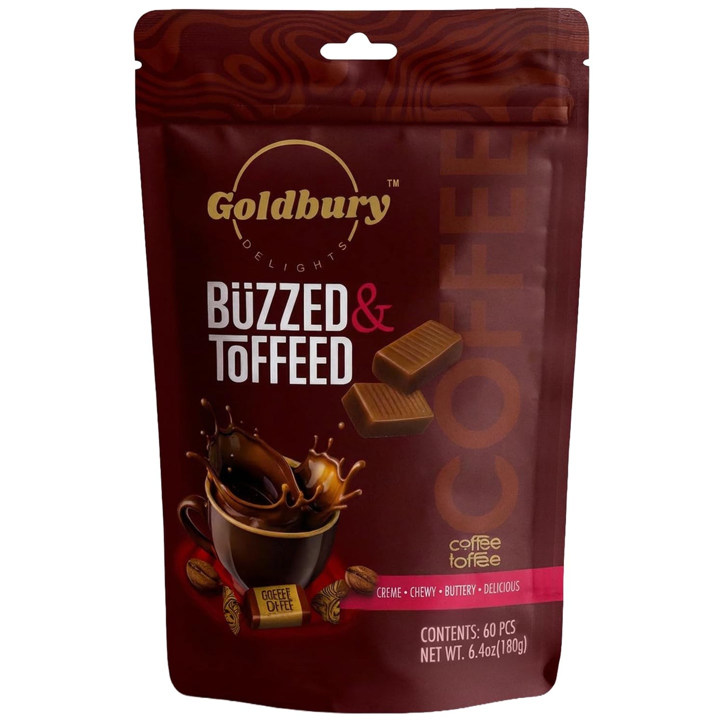 Goldbury Delights Buzzed & Toffeed Coffee Toffee, 6.4 oz (Pack of 1) - Creamy, Buttery, and Delicious Individually Wrapped Chewy Coffee Toffee Candy