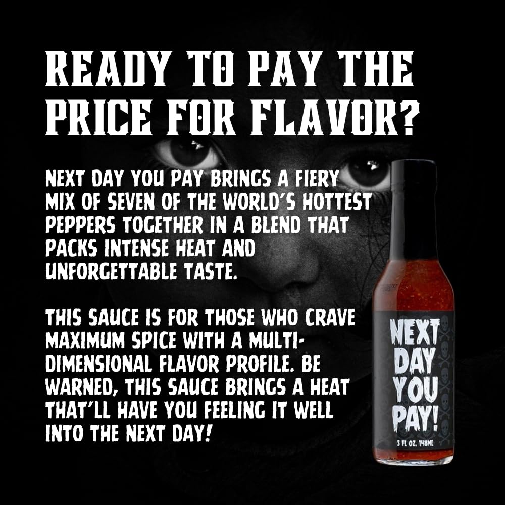 Hellfire Next Day You Pay! Hot Sauce, Made with Super Hot Peppers, Gourmet, Award-Winning Recipe, Vegan & Gluten Free, 5 oz