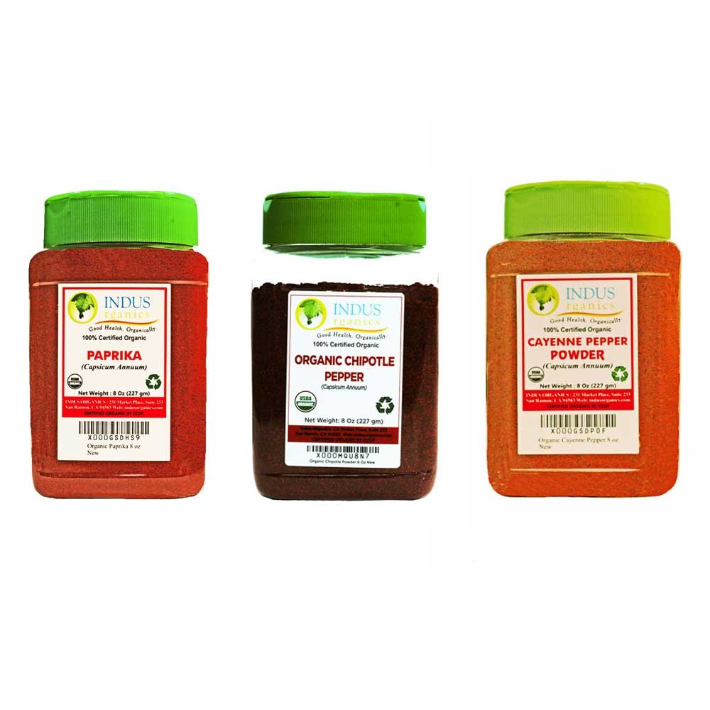 Indus Organics Cayenne Pepper, Chipotle Pepper and Paprika Powder, Combo, 8 Oz Jar, Premium Grade, High Purity, Freshly Packed