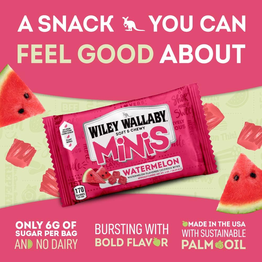 Wiley Wallaby Mini Licorice Bites 2.0 Ounce Classic Gourmet Soft & Chewy Australian Watermelon Licorice Candy Bags, 18 Pack