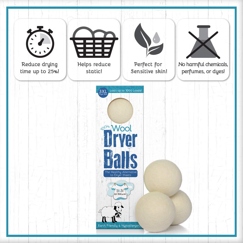 B&N All Natural at Home, Daisy's Wool Dryer Balls for Sensitive Skin, High Moisture Absorbent, Static Reducing and Wrinkle Prevention, XL Pieces