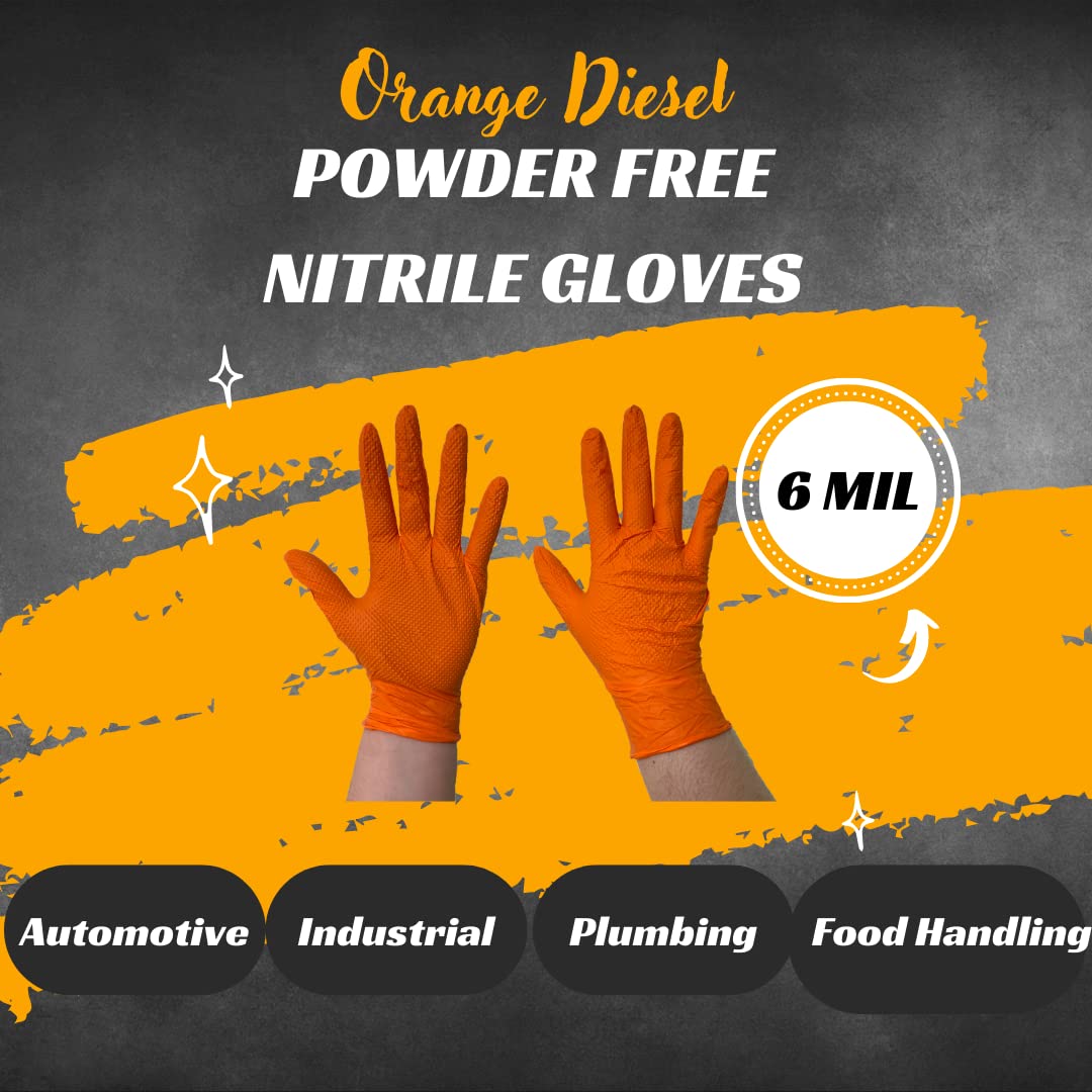 Golden Protective Services Outlet The Orange Diesel, Orange Nitrile Disposable Gloves, Powder Free, 6 Mil, Diamond Textured, Beaded Cuff, Sizes M-XXL
