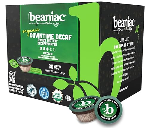 beaniac Organic Downtime Decaf Swiss Water Decaffeinated, Medium Roast, Single Serve Compostable K Cup Coffee Pods, Organic Arabica Coffee, Keurig