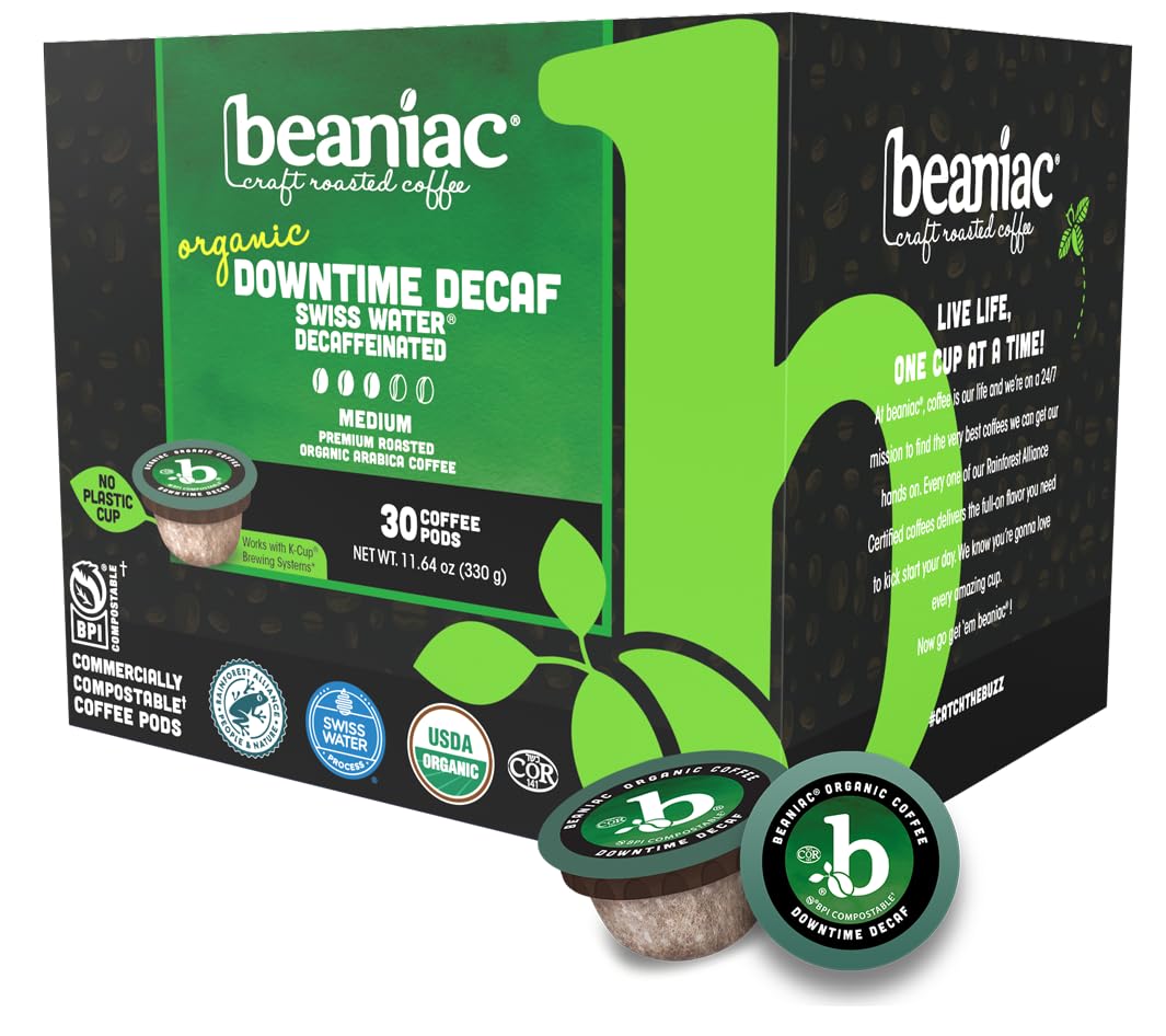 beaniac Organic Downtime Decaf Swiss Water Decaffeinated, Medium Roast, Single Serve Compostable K Cup Coffee Pods, Organic Arabica Coffee, Keurig