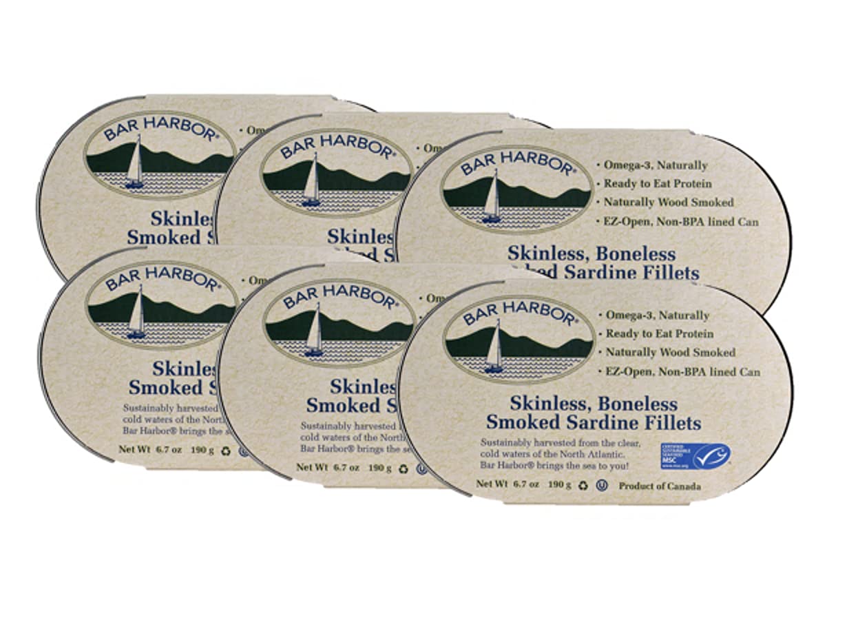Bar Harbor Skinless & Boneless Smoked Sardine Fillets, 6.7 oz (190g) | Naturally Wood Smoked | Excellent Source of Protein | EZ-Open BPA-NI Can |