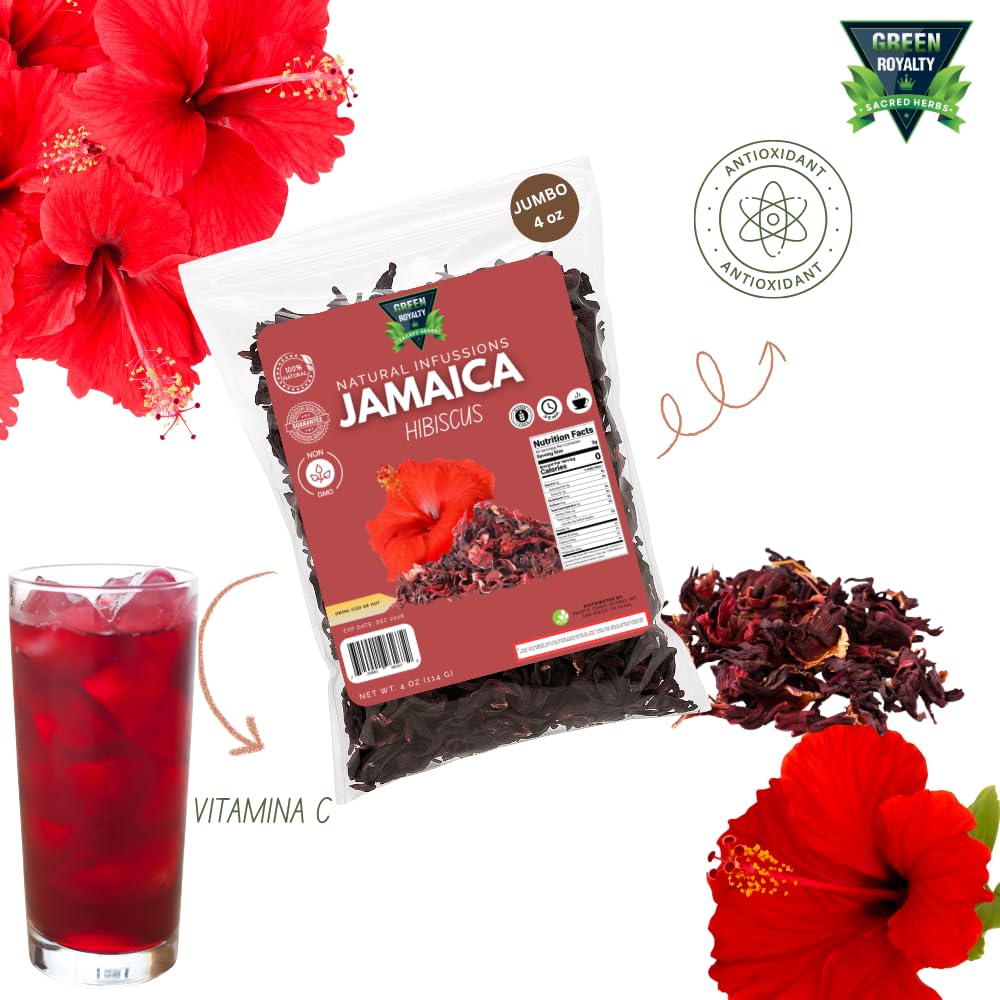 Green Royalty Jamaica (Hibiscus) 4 oz - 100% Natural Dried Hibiscus Flowers - Non-GMO, Gluten-Free, Caffeine-Free Herbal Infusion - Perfect for Hot or