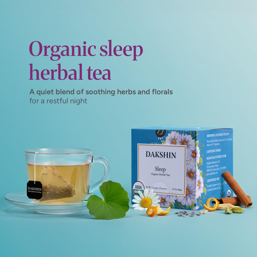 DAKSHIN Organic Sleep Tea Bags | Chamomile, Lavender, Gotu Kola & Licorice Root | Caffeine-Free Bedtime Relaxation Tea | USDA Organic | 16 Tea Bags