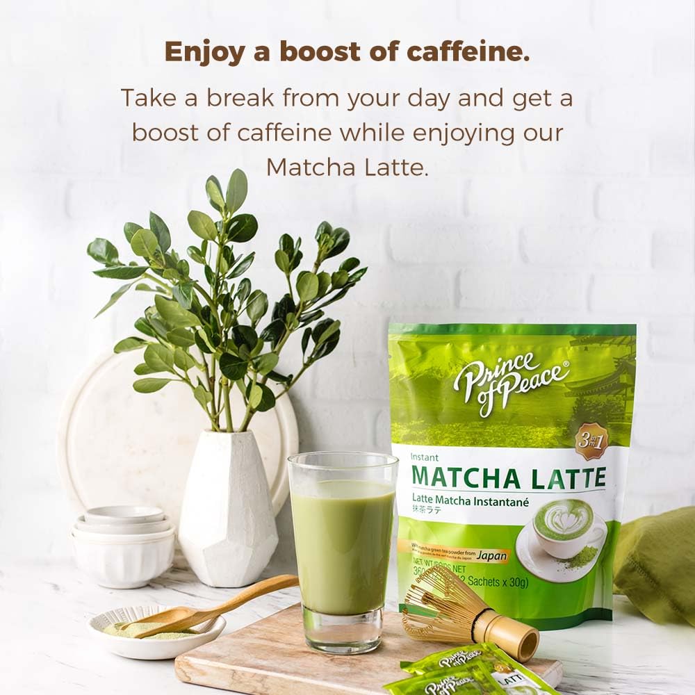 Prince of Peace 3 in 1 Matcha Latte Instant Beverage, 12 Sachets - Made with Matcha Powder from Japan - Instant Hot or Cold Beverage - Easy to Brew