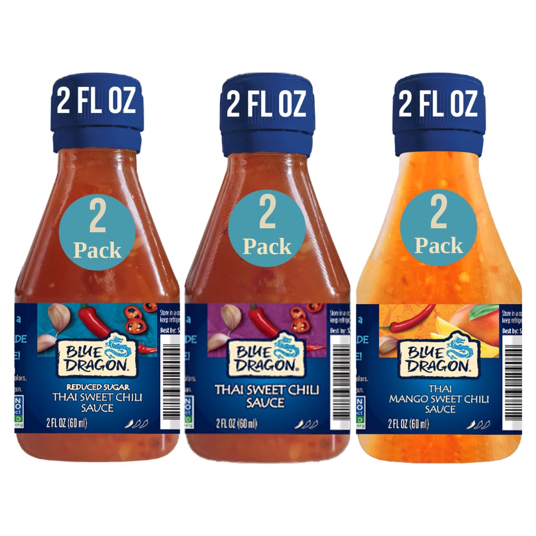 Blue Dragon Mixed Minis Variety Pack - 2oz (Pack of 6 Total: 2 of Each Sauce) - Mini Reduced Sugar Thai Sweet Chili Sauce, Mini Thai Sweet Chili