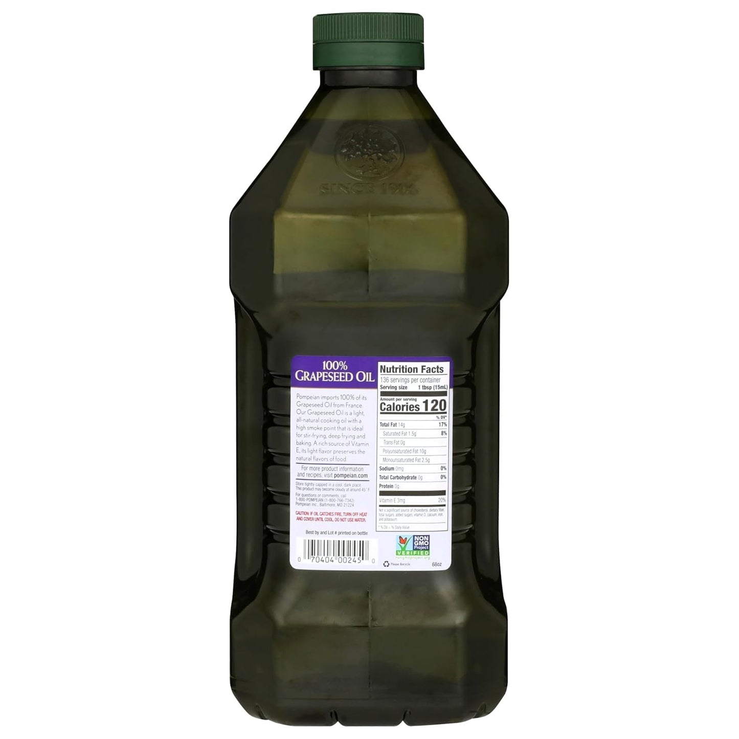 Pompeian 100% Grapeseed Oil - 68 Fl Oz - Grapeseed Oil for High Heat Cooking - Light and Subtle Flavor for Deep Frying and Baking Desserts - High Smoke Point