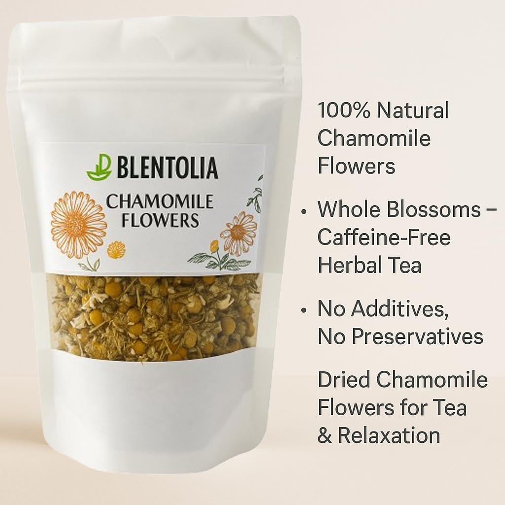 Blentolia Dried Chamomile Flowers - 100% Natural Herbal Tea - Whole Blossoms for Calming Sleep, Relaxation, and Wellness - Caffeine-Free, Non-GMO