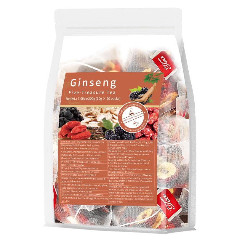 Ginseng Five Treasure Tea, Traditional Chinese Herbal TeaBags for Energy & Kidney Support, Natural Kidney Cleanse Detox Tea for Men & Women Detox