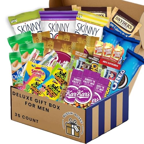 Snack Box Gift for Men - Almonds, Trail Mix, Granola Bars, Pretzels, Popcorn, Cookies, Candy and More - Ultimate Care Package for Him by Bussin Boxes