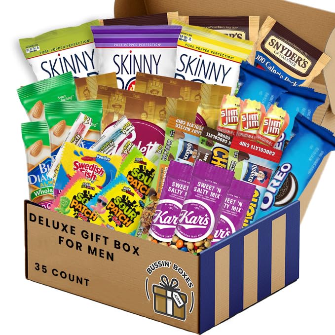 Snack Box Gift for Men - Almonds, Trail Mix, Granola Bars, Pretzels, Popcorn, Cookies, Candy and More - Ultimate Care Package for Him by Bussin Boxes