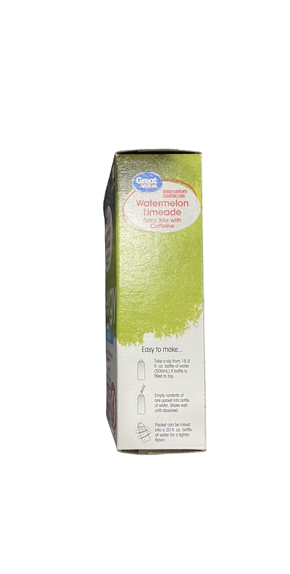 Great Value Watermelon Limeade Powdered Energy Electrolyte Drink Mix with Caffeine. 10 Packets Per Box. 3 Boxes. 30 Total Stick Packets